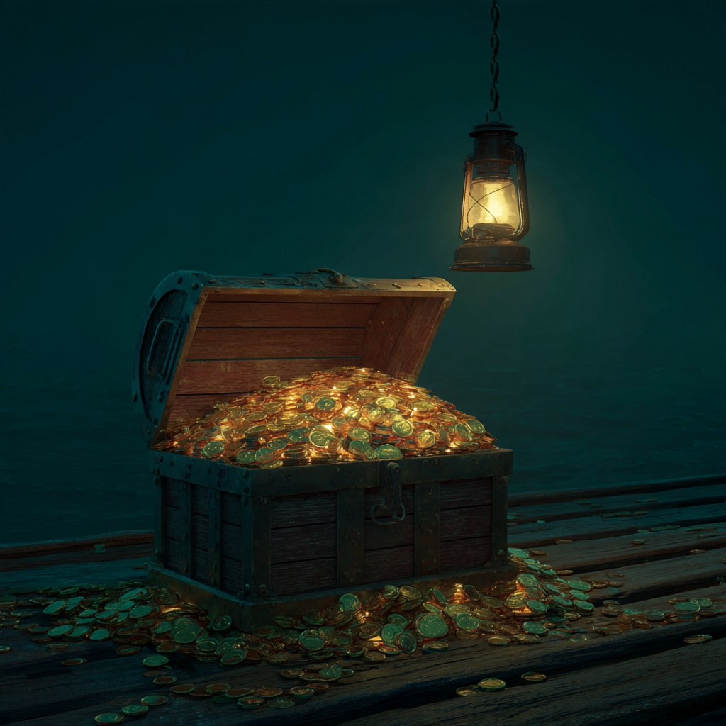 An open treasure chest overflowing with gold doubloons